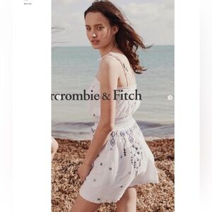 Abercrombie & Fitch White Dress Blue Embroidery Smocked Waist Tie Shoulder Strap